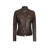Women's Dark Brown Cafe Racer Biker Jacket