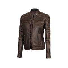 Women's Dark Brown Cafe Racer Biker Jacket