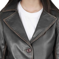 Women's Rub Off Dark Brown Leather Long 3/4 Coat - Winter Long Jacket