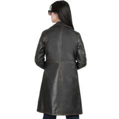 Women's Rub Off Dark Brown Leather Long 3/4 Coat - Winter Long Jacket
