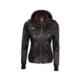 Women's Dark Brown Rub Off Leather Jacket with Removable Hood