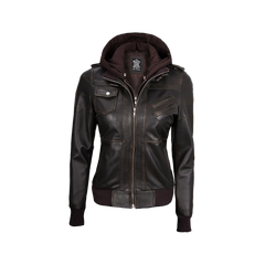 Women's Dark Brown Rub Off Leather Jacket with Removable Hood