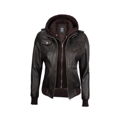 Women's Dark Brown Rub Off Leather Jacket with Removable Hood
