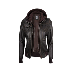 Women's Dark Brown Rub Off Leather Jacket with Removable Hood