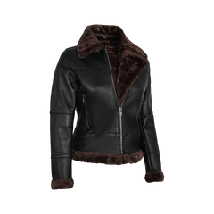 Women Dark Brown Shearling Leather Bomber Jacket