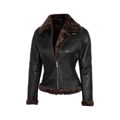 Women Dark Brown Shearling Leather Bomber Jacket