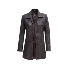 Women's Distressed Dark Brown Leather Car Coat