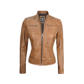 Women's Dodge Camel Brown Cafe Racer Leather Jacket