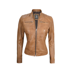 Women's Dodge Camel Brown Cafe Racer Leather Jacket