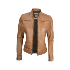 Women's Dodge Camel Brown Cafe Racer Leather Jacket