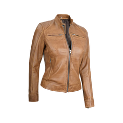 Women's Dodge Camel Brown Cafe Racer Leather Jacket