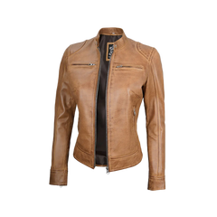 Women's Dodge Camel Brown Cafe Racer Leather Jacket