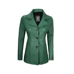 Women's Real Leather Green Blazer with Three Button