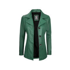 Women's Real Leather Green Blazer with Three Button