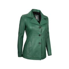 Women's Real Leather Green Blazer with Three Button