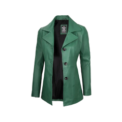 Women's Real Leather Green Blazer with Three Button