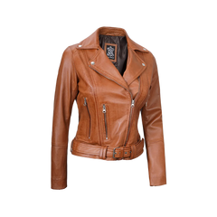 Women's Light Brown Leather Biker Jacket