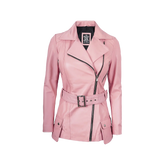 Women's Pink Asymmetrical Belted Leather Jacket