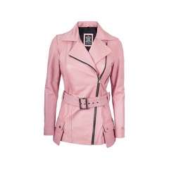 Women's Pink Asymmetrical Belted Leather Jacket