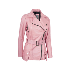 Women's Pink Asymmetrical Belted Leather Jacket