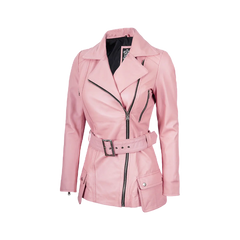 Women's Pink Asymmetrical Belted Leather Jacket