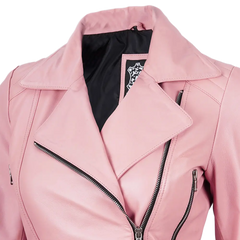 Women's Pink Asymmetrical Belted Leather Jacket