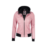 Women's Pink Bomber Leather Jacket with Removable Hood