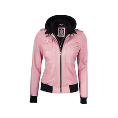 Women's Pink Bomber Leather Jacket with Removable Hood