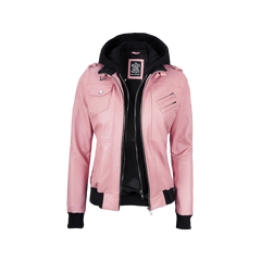 Women's Pink Bomber Leather Jacket with Removable Hood