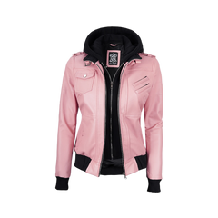 Women's Pink Bomber Leather Jacket with Removable Hood