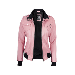 Women's Pink Bomber Leather Jacket with Removable Hood
