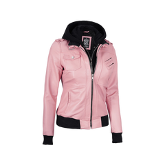 Women's Pink Bomber Leather Jacket with Removable Hood