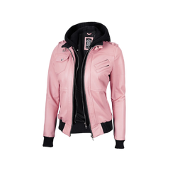 Women's Pink Bomber Leather Jacket with Removable Hood