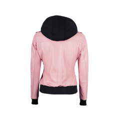 Women's Pink Bomber Leather Jacket with Removable Hood