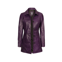 Women Leather Purple 3/4 Length Car Coat