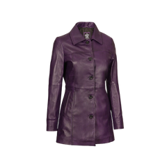 Women Leather Purple 3/4 Length Car Coat