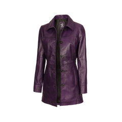 Women Leather Purple 3/4 Length Car Coat