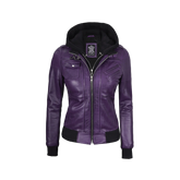 Women's Purple Leather Jacket with Removable Hood