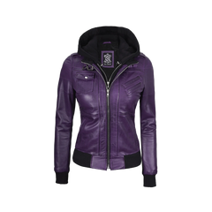 Women's Purple Leather Jacket with Removable Hood