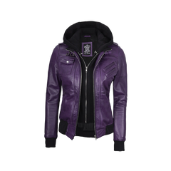 Women's Purple Leather Jacket with Removable Hood