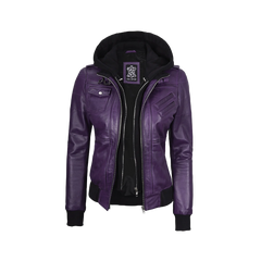 Women's Purple Leather Jacket with Removable Hood