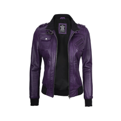 Women's Purple Leather Jacket with Removable Hood