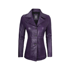 Women's Three Button Real Leather Purple Blazer