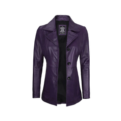 Women's Three Button Real Leather Purple Blazer
