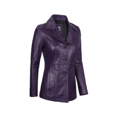 Women's Three Button Real Leather Purple Blazer