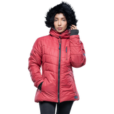 Women's Red Hooded Puffer Jacket with Faux-Fur Trim – Winter Insulated Jacket