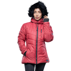 Women's Red Hooded Puffer Jacket with Faux-Fur Trim – Winter Insulated Jacket