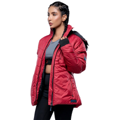 Women's Red Hooded Puffer Jacket with Faux-Fur Trim – Winter Insulated Jacket