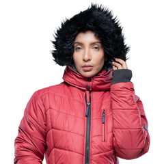 Women's Red Hooded Puffer Jacket with Faux-Fur Trim – Winter Insulated Jacket