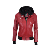 Women's Red Leather Jacket with Removable Hood